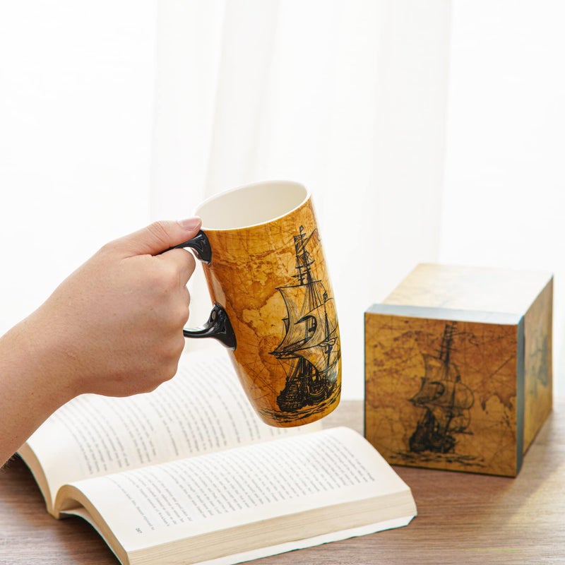 Topadorn Coffee Ceramic Mug Porcelain Latte Tea Cup With Lid 17oz, Novelty Coffee Mugs for Men Women Office & Home Sailboat - Image 4