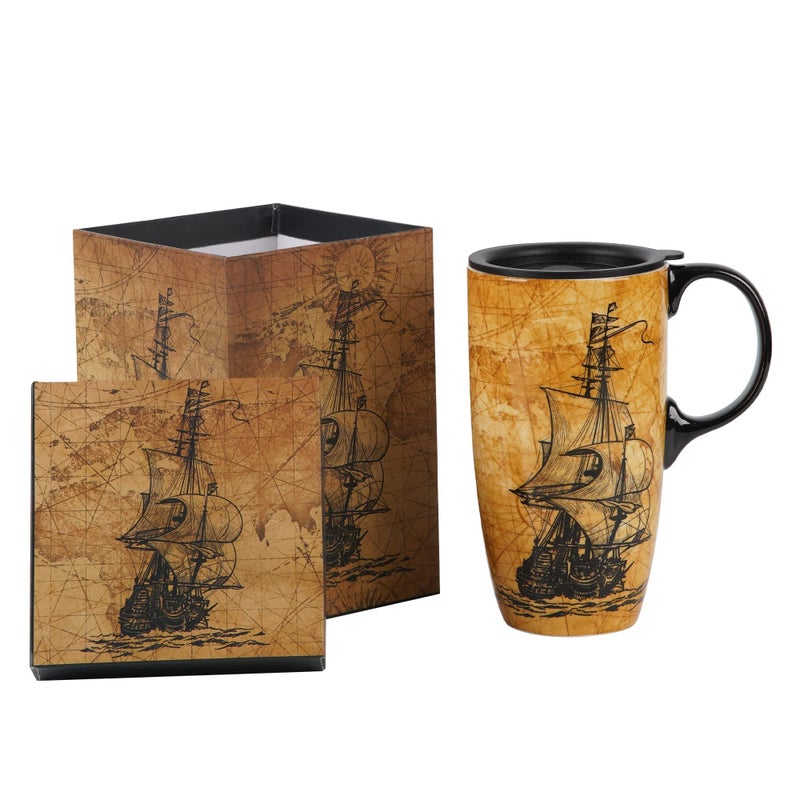 Topadorn Coffee Ceramic Mug Porcelain Latte Tea Cup With Lid 17oz, Novelty Coffee Mugs for Men Women Office & Home Sailboat - Image 1