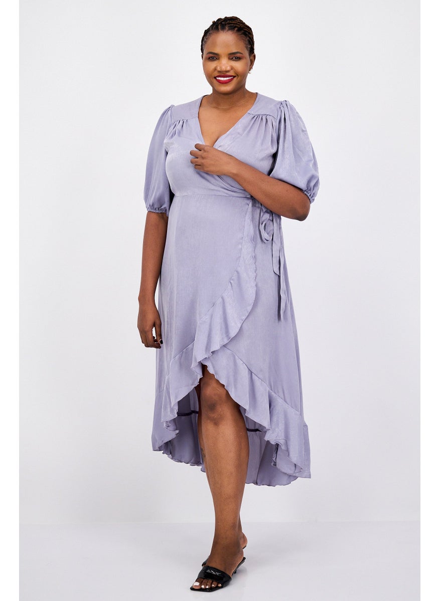 Flounce London - Women Plain Wrap Dress, Light Blue - Image 1