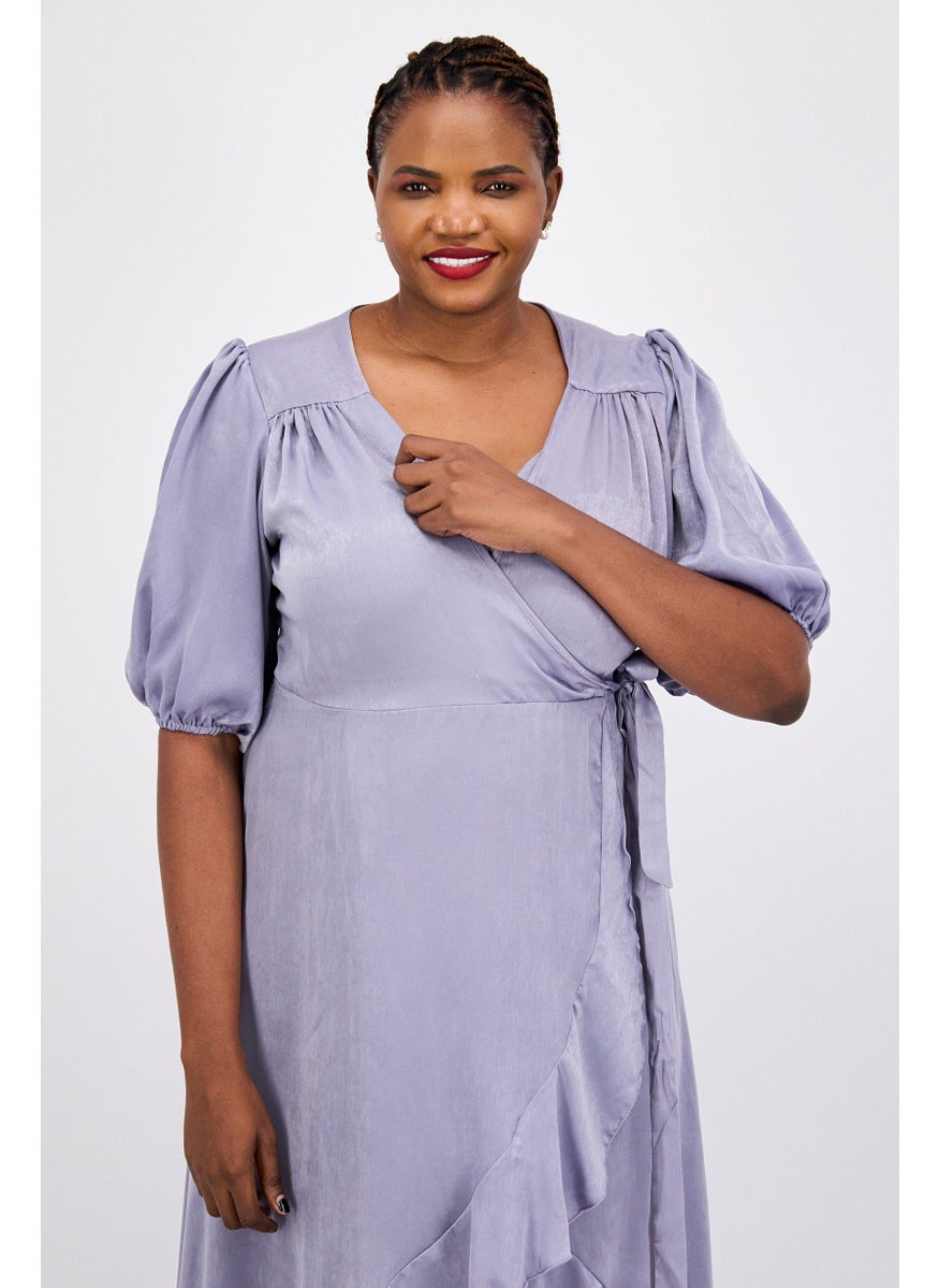 Flounce London - Women Plain Wrap Dress, Light Blue - Image 1