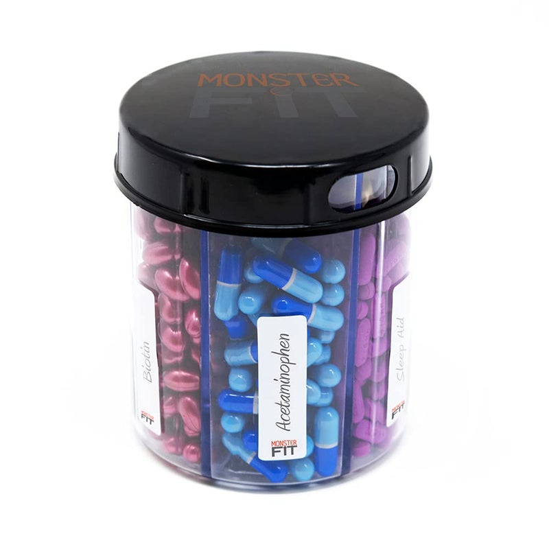 Monster Jr Supplement Pill Dispenser Holds Small Medium Medication Vitamins and Easily Dispense from One Container Includes Compartment Labels 1 Pack