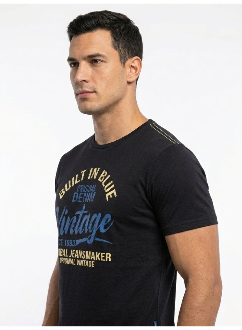 Blend Men's Cotton Crew Neck Short Sleeve T-Shirt with "Built In Blue Vintage" Graphic - Image 3