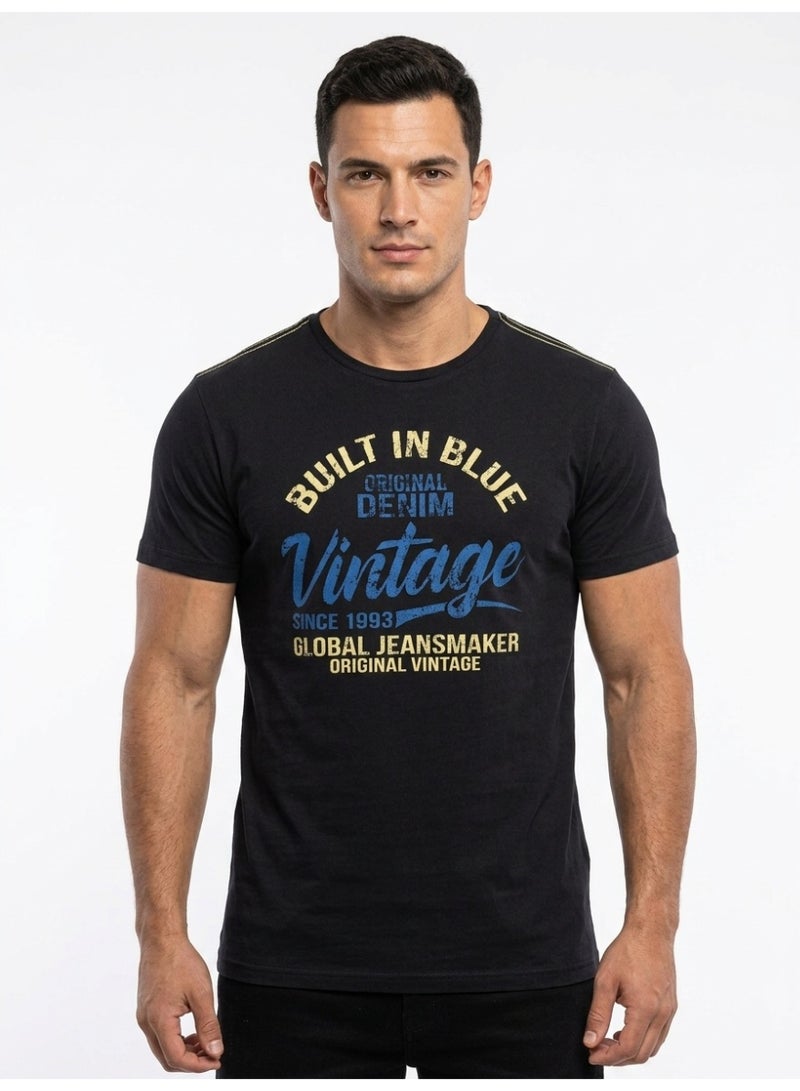 Blend Men's Cotton Crew Neck Short Sleeve T-Shirt with "Built In Blue Vintage" Graphic - Image 2