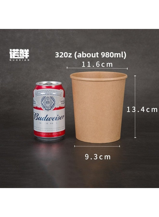 Disposable Paper Bowl Meal Box Kraft Paper Soup Bucket Round Bucking Box Without Lid Take-away Box Bucking Bowl Soup Bowl Porridge Cup-Color:32oz Natural Color Soup Barrel + PP Lid - Image 1