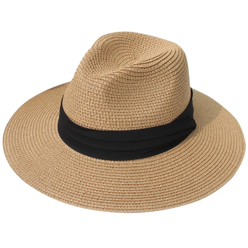Lanzom Women Wide Brim Straw Panama Roll up Hat Fedora Beach Sun Hat UPF50+(Brown/Black,One Size-Small) - Image 1