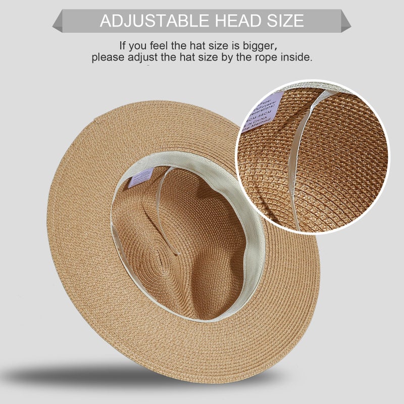 Lanzom Women Wide Brim Straw Panama Roll up Hat Fedora Beach Sun Hat UPF50+(Brown/Black,One Size-Small) - Image 3