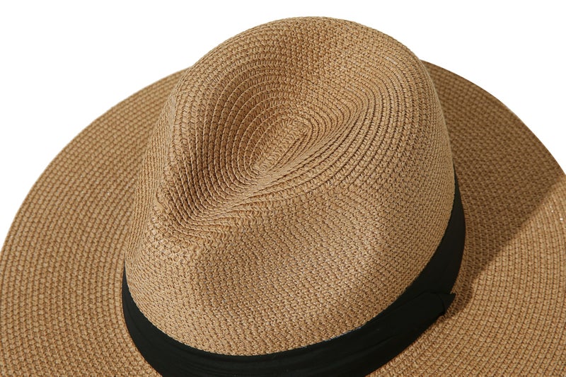 Lanzom Women Wide Brim Straw Panama Roll up Hat Fedora Beach Sun Hat UPF50+(Brown/Black,One Size-Small) - Image 4