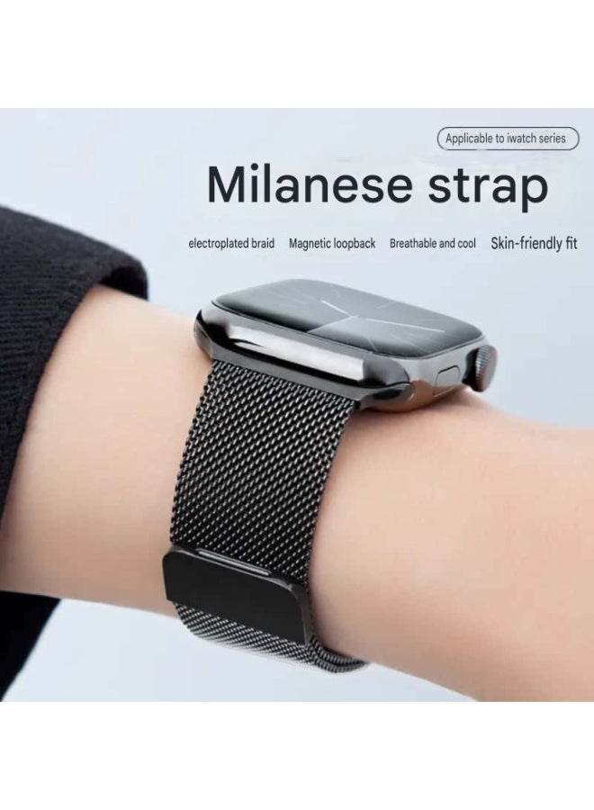سوار ساعة أبل فاخر مقاس 46 مم بحلقة مغناطيسية ميلانو | سوار شبكي معدني من الفولاذ المقاوم للصدأ | أسود - Image 1