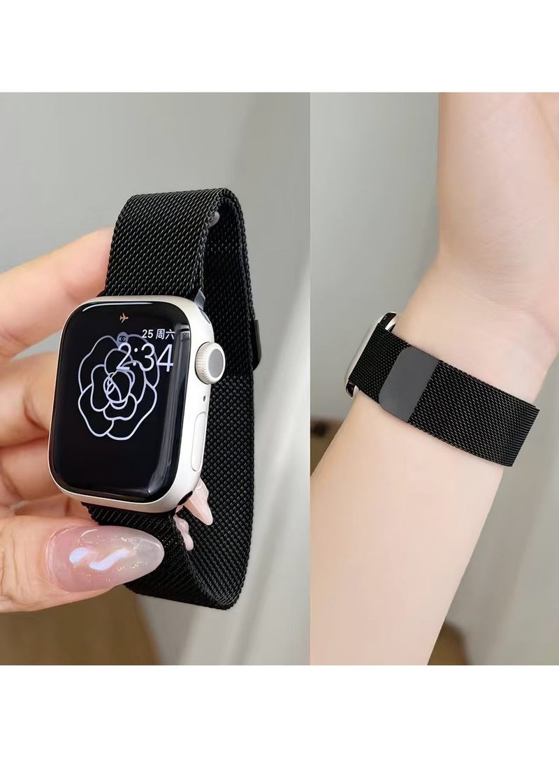 سوار ساعة أبل فاخر مقاس 46 مم بحلقة مغناطيسية ميلانو | سوار شبكي معدني من الفولاذ المقاوم للصدأ | أسود - Image 5