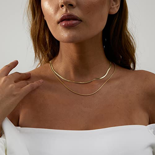 Tasiso Herringbone Choker Necklace Set Double Layer Snake Chain Layered Gold Herringbone Chain Necklace Flat Snake Choker Necklaces for Women 3MM 38CM/1.5MM 42CM - Image 3