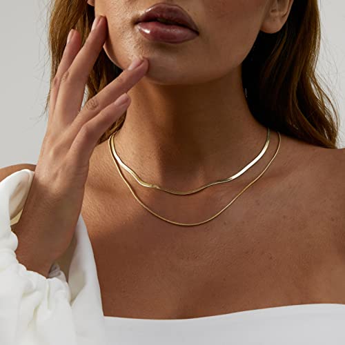 Tasiso Herringbone Choker Necklace Set Double Layer Snake Chain Layered Gold Herringbone Chain Necklace Flat Snake Choker Necklaces for Women 3MM 38CM/1.5MM 42CM - Image 2