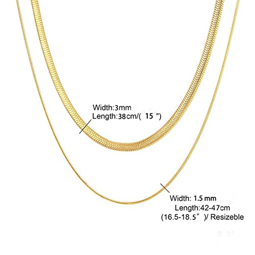 Tasiso Herringbone Choker Necklace Set Double Layer Snake Chain Layered Gold Herringbone Chain Necklace Flat Snake Choker Necklaces for Women 3MM 38CM/1.5MM 42CM - Image 5