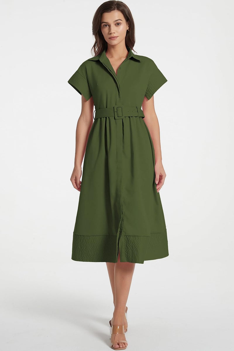 Ladyful Women Casual Button Down Shirt Dress Short Wing Sleeve Business Midi Shirt Dress with Belt Elegant Army Green - Image 4