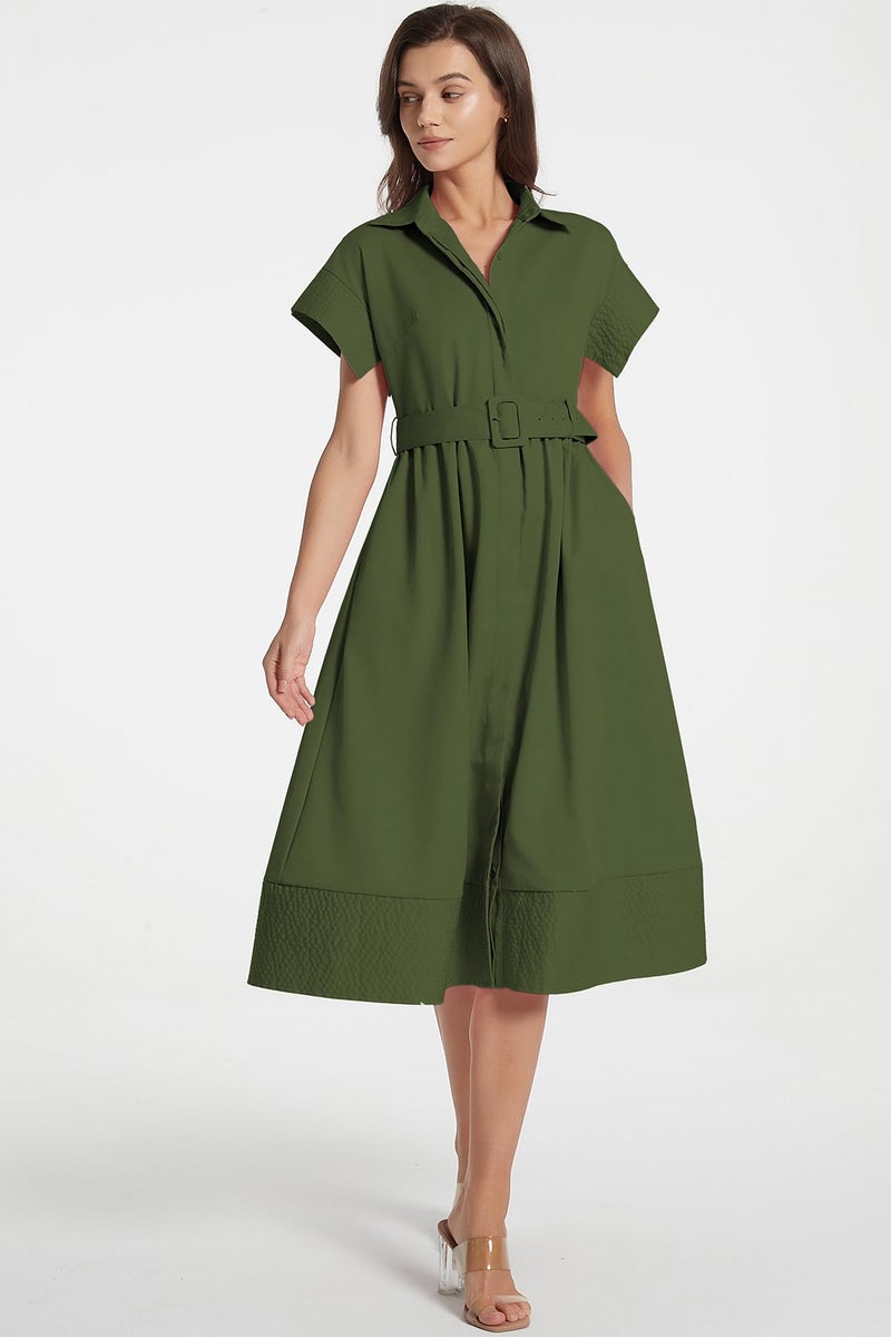 Ladyful Women Casual Button Down Shirt Dress Short Wing Sleeve Business Midi Shirt Dress with Belt Elegant Army Green - Image 2