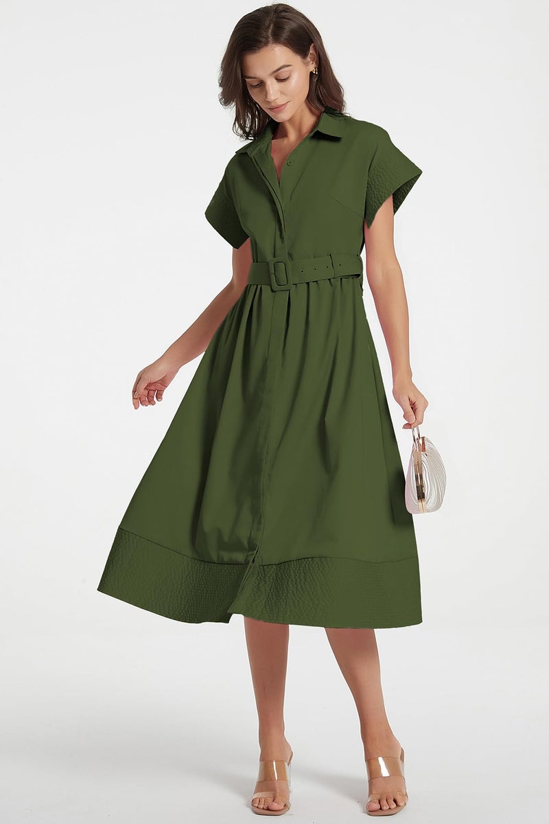 Ladyful Women Casual Button Down Shirt Dress Short Wing Sleeve Business Midi Shirt Dress with Belt Elegant Army Green - Image 5