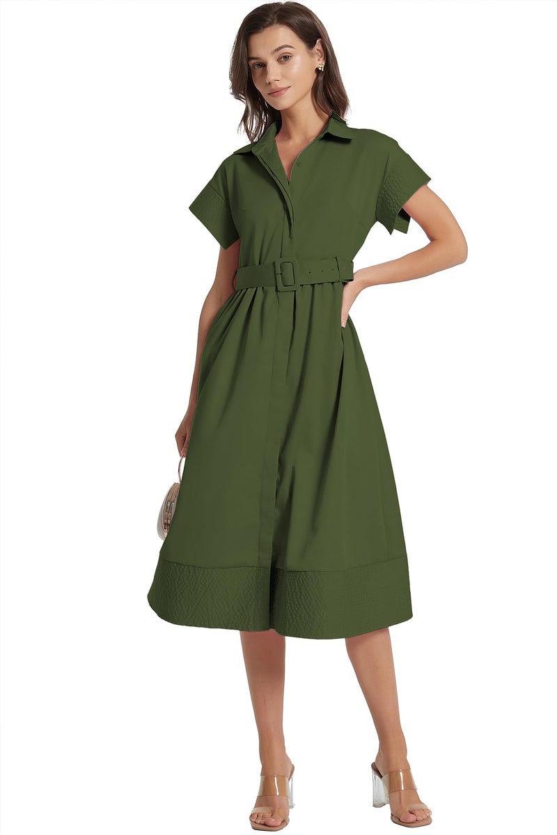 Ladyful Women Casual Button Down Shirt Dress Short Wing Sleeve Business Midi Shirt Dress with Belt Elegant Army Green - Image 1