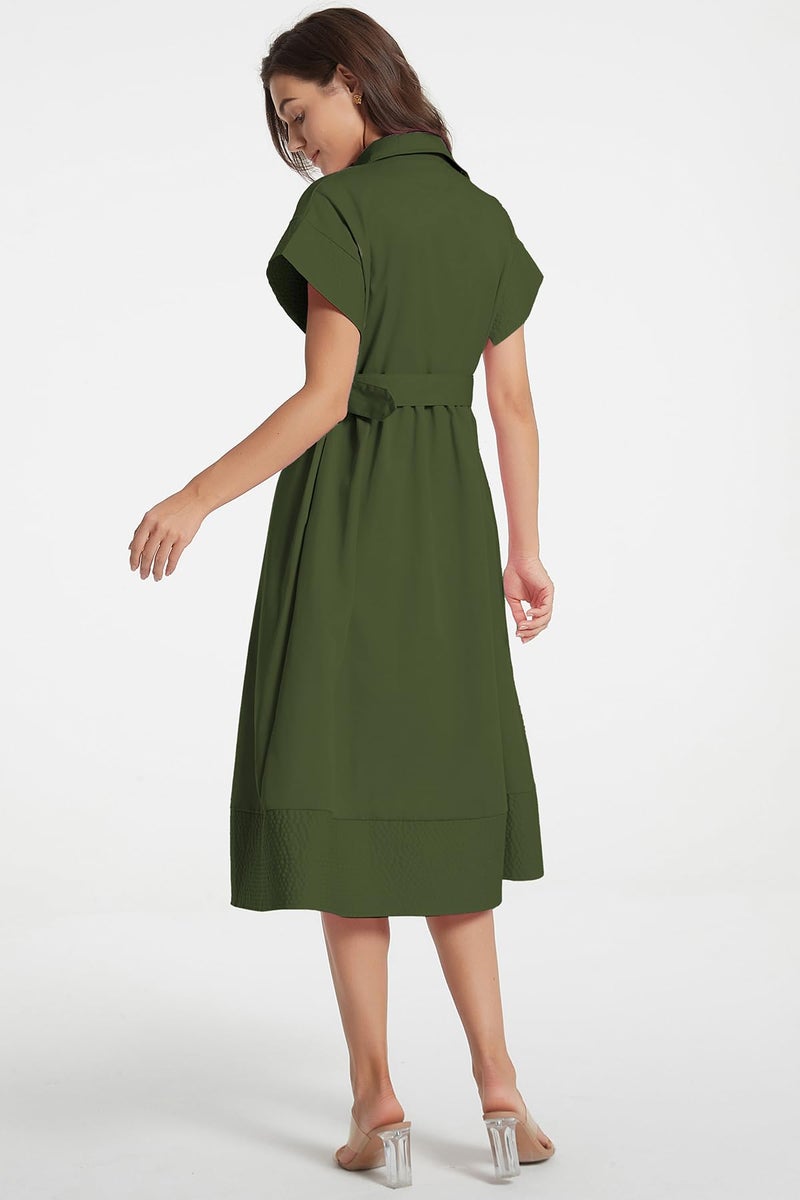 Ladyful Women Casual Button Down Shirt Dress Short Wing Sleeve Business Midi Shirt Dress with Belt Elegant Army Green - Image 3