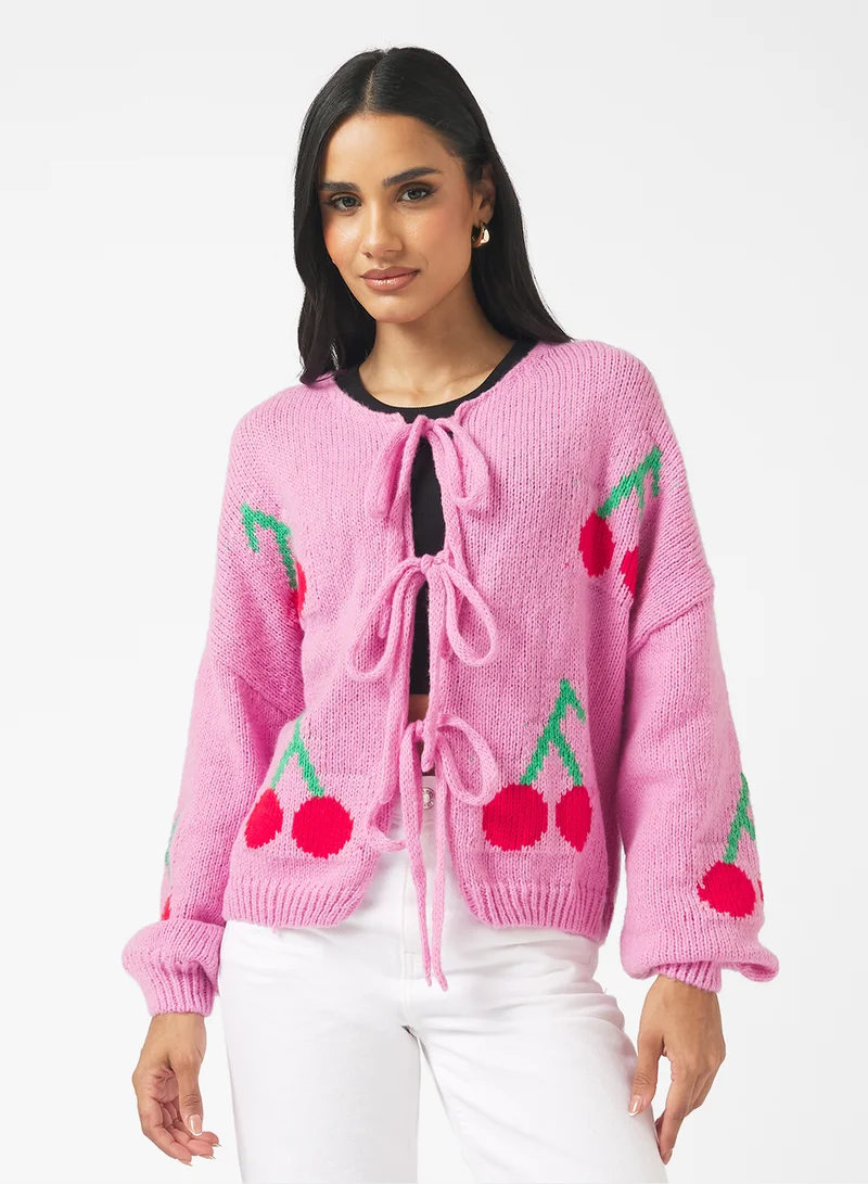 جينجر Cherry Bow Tie Detail Cardigan
