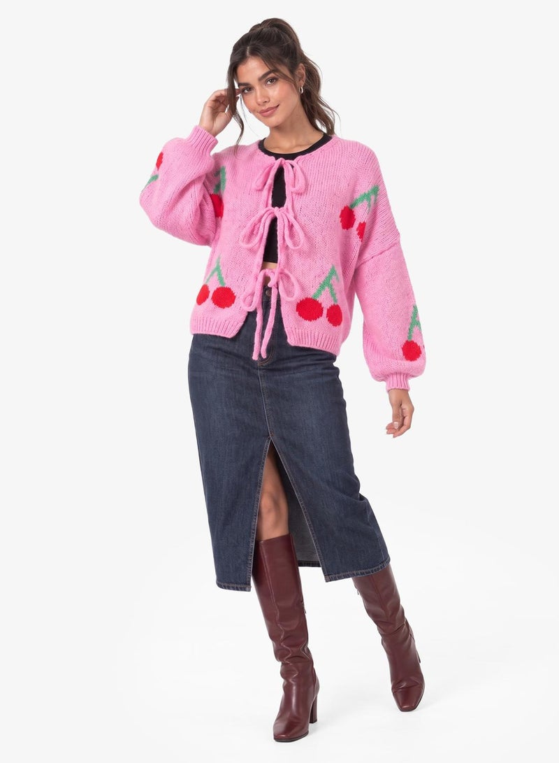 Ginger Cherry Bow Tie Detail Cardigan - Image 1
