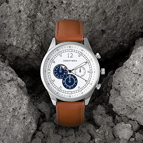 Joker & Witch Men Analogue Black Band Rover 42mm White Dial 20mm Tan Faux Leather Strap Watch - Image 3