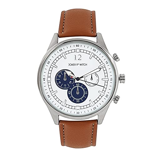 Joker & Witch Men Analogue Black Band Rover 42mm White Dial 20mm Tan Faux Leather Strap Watch - Image 1