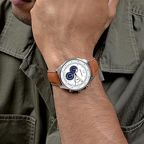 Joker & Witch Men Analogue Black Band Rover 42mm White Dial 20mm Tan Faux Leather Strap Watch - Image 2