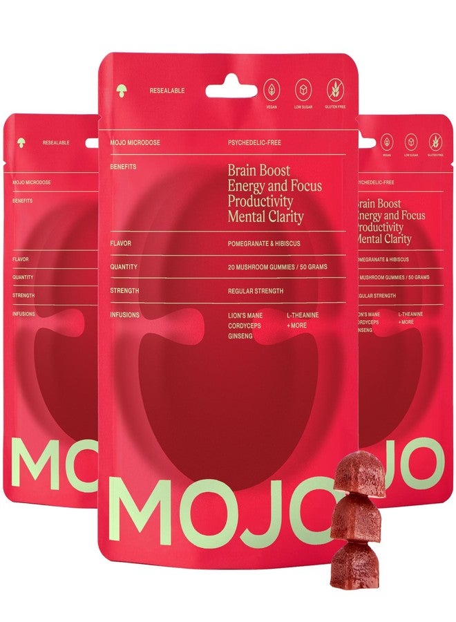 Mojo Focus Gummies w/Lion’s Mane, Panax Ginseng, Ginger Root, Cordyceps, Brain Supplement Memory/Focus Support Adults Nootropic Mushroom Gummies, Pomegranate Hibiscus, Regular Strength (3 Pack) - Image 1