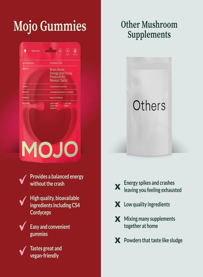 Mojo Focus Gummies w/Lion’s Mane, Panax Ginseng, Ginger Root, Cordyceps, Brain Supplement Memory/Focus Support Adults Nootropic Mushroom Gummies, Pomegranate Hibiscus, Regular Strength (3 Pack) - Image 2