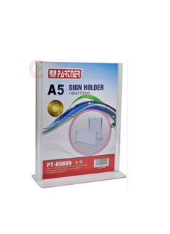 PARTNER Acrylic Sign Holder A5 148 x 210 mm 2 sided T Base  - Image 1