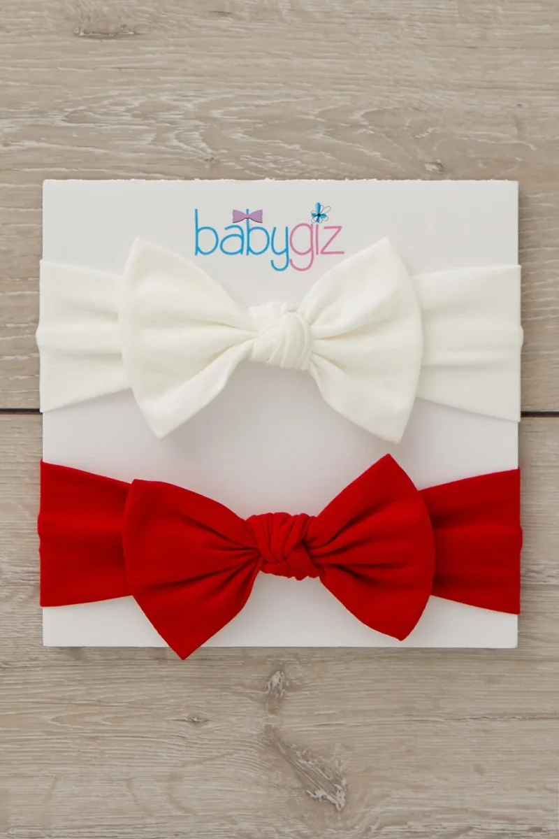 Babygiz Handmade Soft Bow Tied Natural Cotton Combed Cotton 2-Pack Baby Kids Girls Bandana Red White