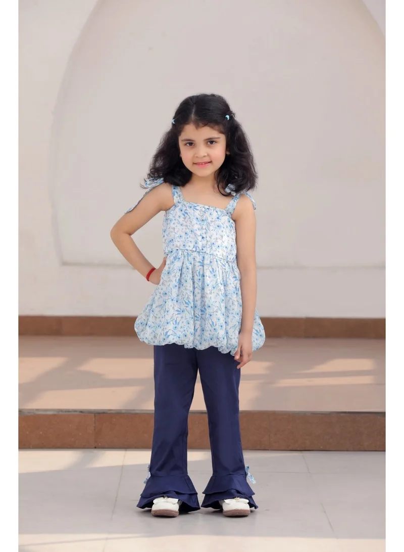 Luxe & Hardy Girls Shoulder Tie Up Balloon Top Ana Blue Flared Trouser