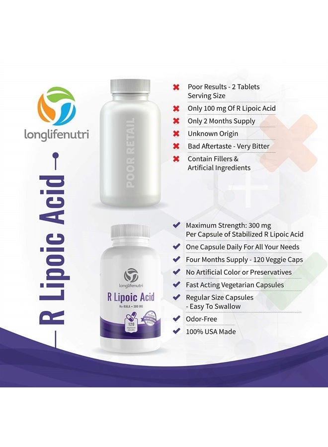 LongLifeNutri R-Alpha Lipoic Acid 300mg Stabilized 120 Vegetarian Capsules | Super Na R-ALA Supplement | Supports Glucose Metabolism | Helps Maintain Blood Sugar Levels | Pure Powder Active | Non GMO Gluten & Free - Image 5
