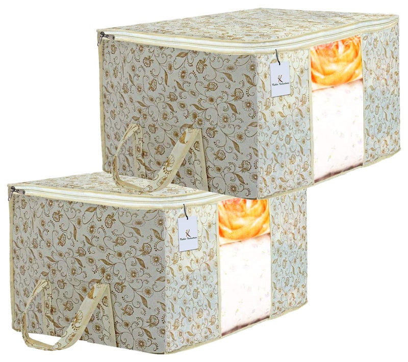 Kuber Industries NonWoven Metallic Printed 2 Piece Non Woven Rectangular Under Bed Storage Bag Storage Organizer Blanket Cover With Window Extra Large Brown Ctktc34457 - Image 1