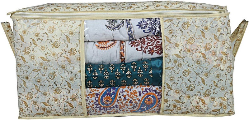 Kuber Industries NonWoven Metallic Printed 2 Piece Non Woven Rectangular Under Bed Storage Bag Storage Organizer Blanket Cover With Window Extra Large Brown Ctktc34457 - Image 5