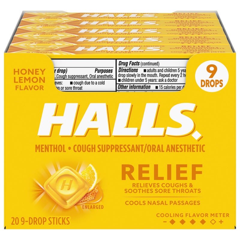 HALLS Relief Honey Lemon Cough Drops, 20 Packs of 9 Drops (180 Total Drops) - Image 1