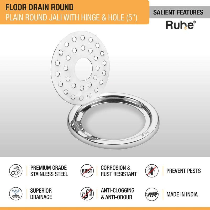 RUHE Ruhe® Plain Round Floor Drain | Premium Grade Stainless Steel Plain Round Jali with Hinged Grating Top Floor Drainer/Jali with Hole Set of 1 (5 Inch) - Image 3