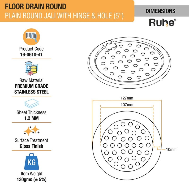RUHE Ruhe® Plain Round Floor Drain | Premium Grade Stainless Steel Plain Round Jali with Hinged Grating Top Floor Drainer/Jali with Hole Set of 1 (5 Inch) - Image 2