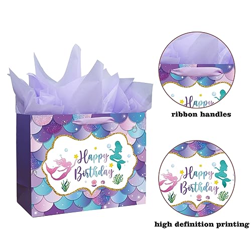 Laidans 13" Large Mermaid Happy Birthday Gift Bag with Handle, Tissue Paper and Card for Kids Girls (13in Purple) - Image 3