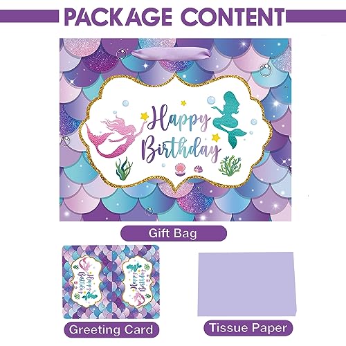 Laidans 13" Large Mermaid Happy Birthday Gift Bag with Handle, Tissue Paper and Card for Kids Girls (13in Purple) - Image 4