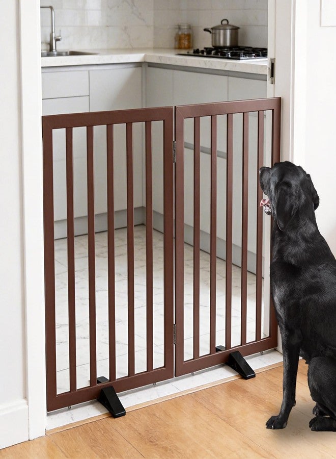ZJSF Freestanding Indoor Dog Gate for House Foldable Wood Puppy Gate for Doorways Pet Gate for Stairs Extra Wide Pet Fence, Brown, 32" Height 2 Panels - Image 2