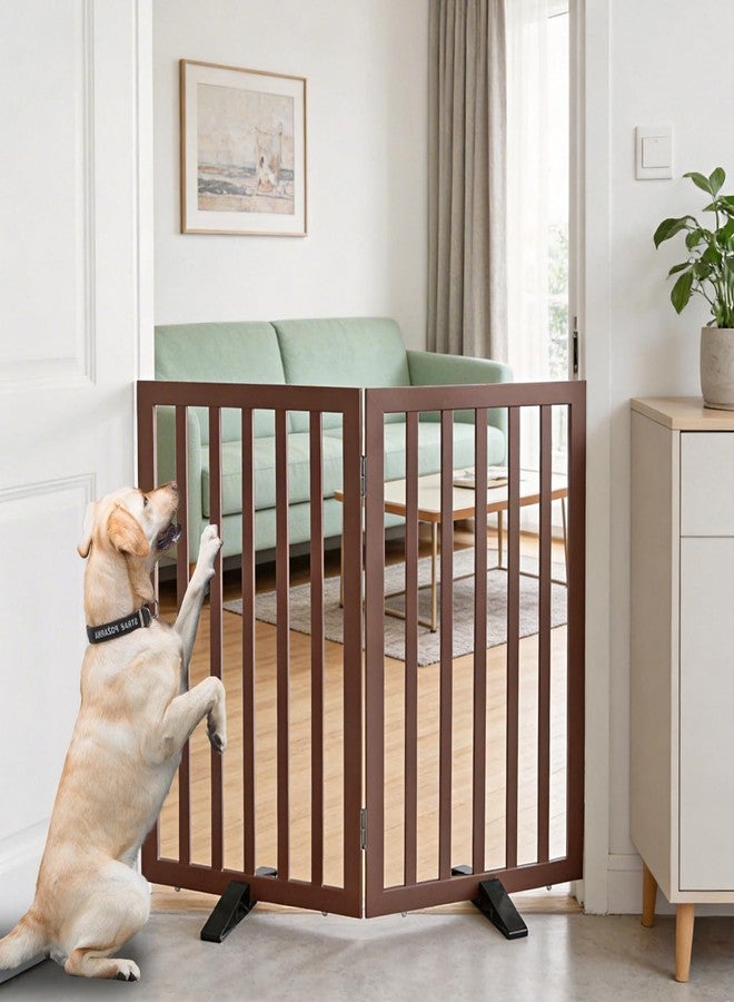ZJSF Freestanding Indoor Dog Gate for House Foldable Wood Puppy Gate for Doorways Pet Gate for Stairs Extra Wide Pet Fence, Brown, 32" Height 2 Panels - Image 1
