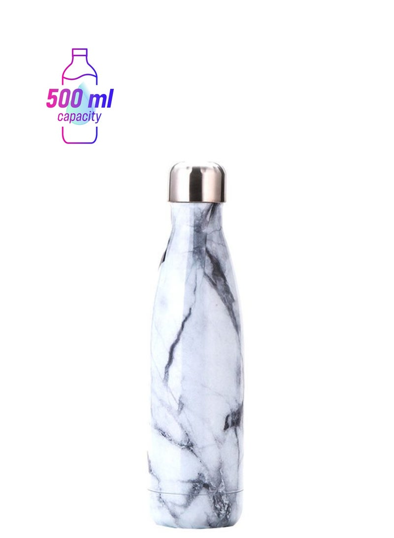 NIBEMINENT Stainless Steel Vacuum Thermos Water Bottle White Marble 500ml - Image 1