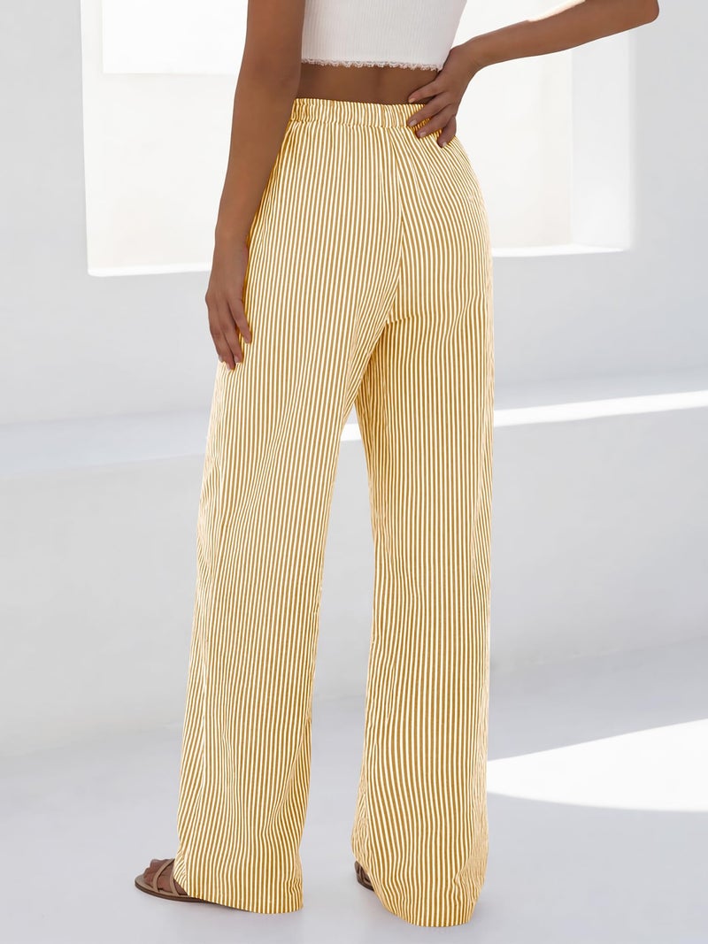 BTFBM Striped Wide Leg Pants for Women Spring Summer 2026 Drawstring Lounge PJ Beach Bottoms Casual Trousers Pockets(Yellow, Medium) - Image 3