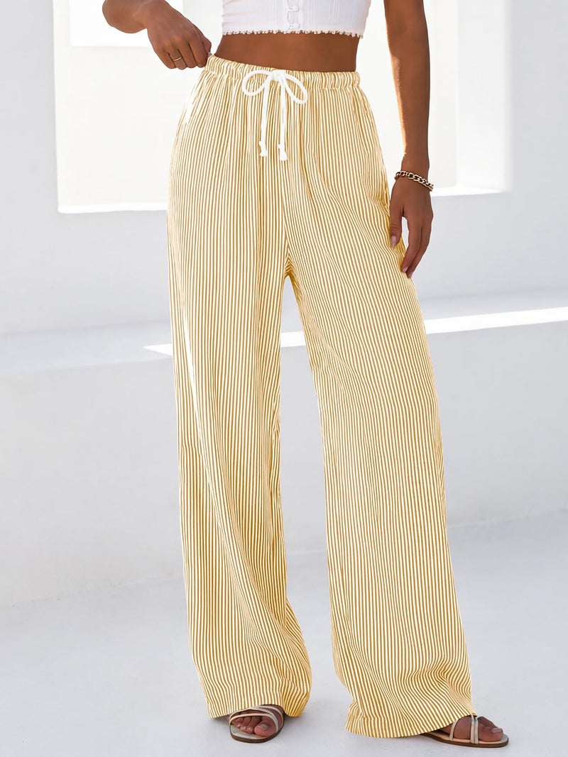 BTFBM Striped Wide Leg Pants for Women Spring Summer 2026 Drawstring Lounge PJ Beach Bottoms Casual Trousers Pockets(Yellow, Medium) - Image 5