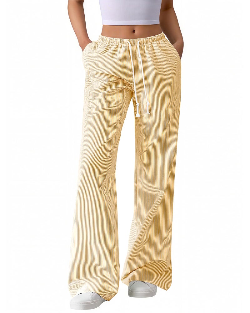 BTFBM Striped Wide Leg Pants for Women Spring Summer 2026 Drawstring Lounge PJ Beach Bottoms Casual Trousers Pockets(Yellow, Medium) - Image 1