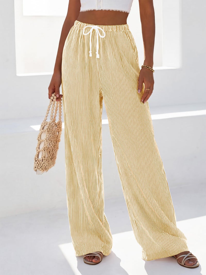 BTFBM Striped Wide Leg Pants for Women Spring Summer 2026 Drawstring Lounge PJ Beach Bottoms Casual Trousers Pockets(Yellow, Medium) - Image 2