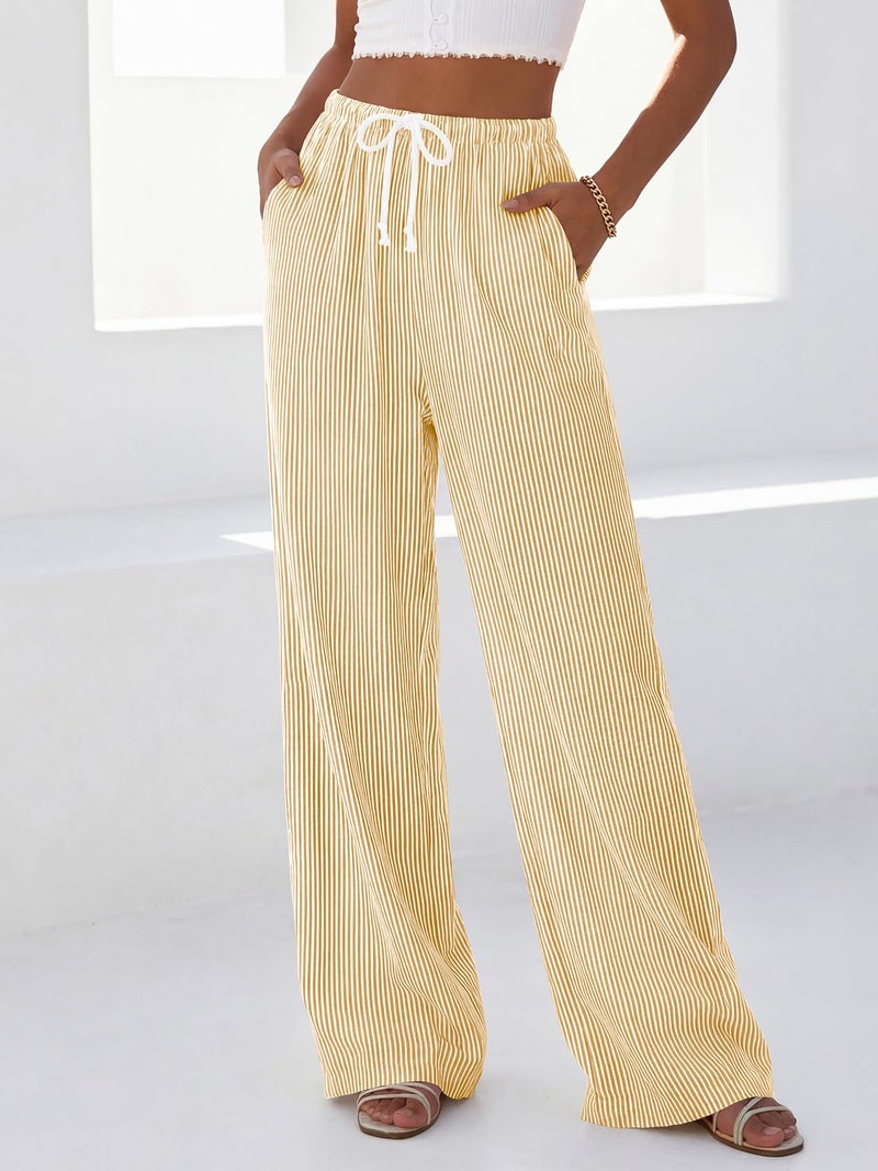 BTFBM Striped Wide Leg Pants for Women Spring Summer 2026 Drawstring Lounge PJ Beach Bottoms Casual Trousers Pockets(Yellow, Medium) - Image 4