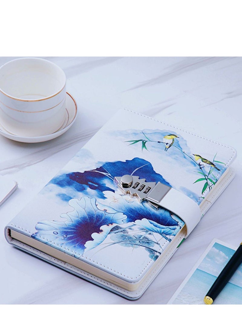 Leather Diary with Lock, Secret Lock Journal with Exquisite Pattern Design, Refillable Faux Leather Journal Writing Notebook with Pen Holder (Blue, A5) - Image 1