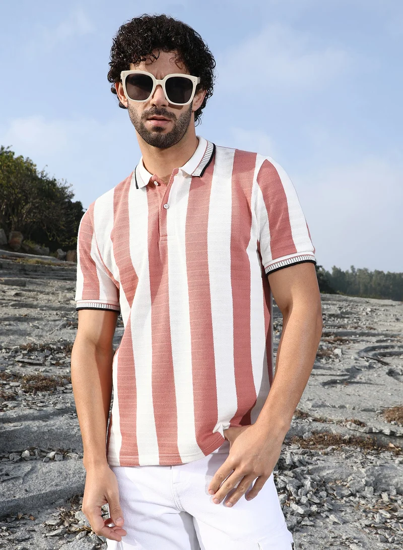 Campus Sutra Men's Nude Pink & Cream White Awning-Striped Polo T-Shirt For Casual Wear | Polo Neck | Short Cuffed Sleeves | Half-Button Closure | T-Shirt Crafted With Comfort Fit For Everyday Wear