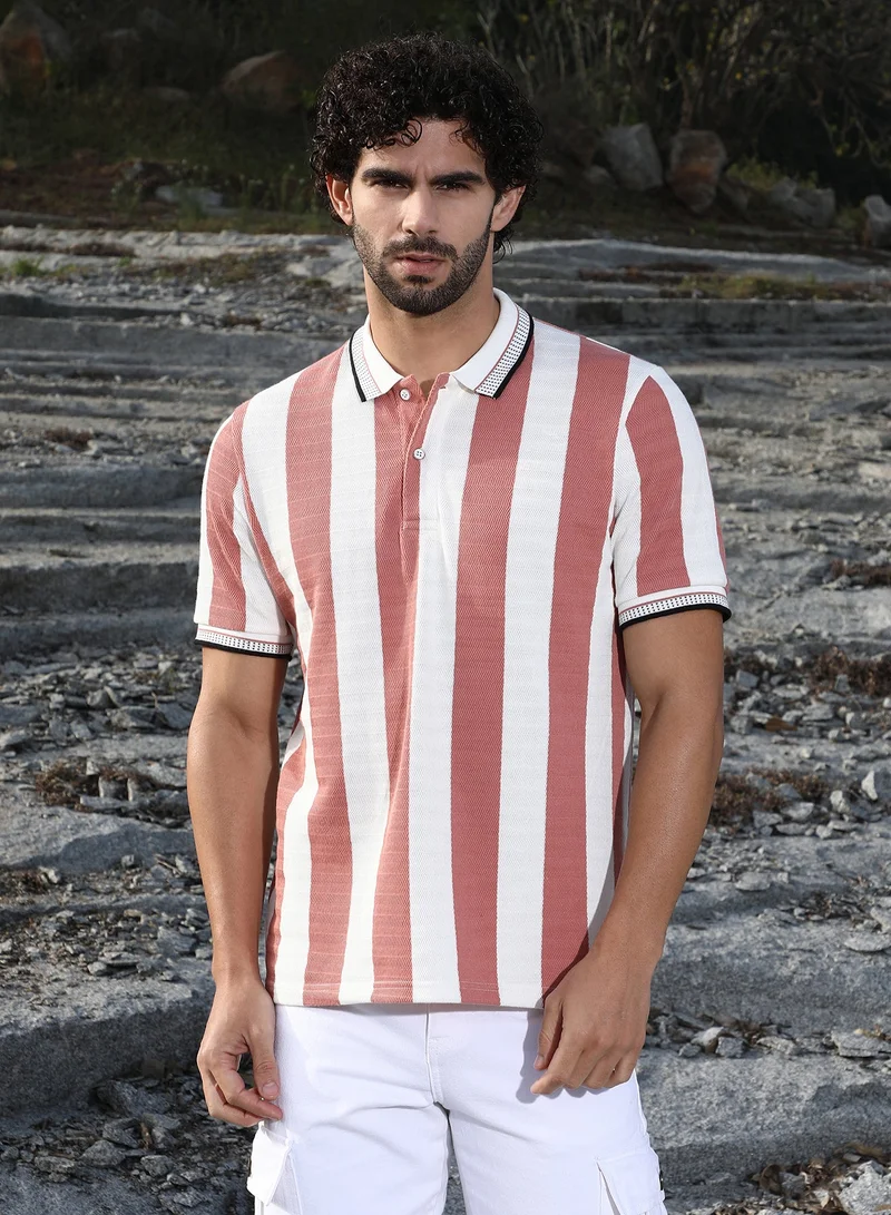 Campus Sutra Men's Nude Pink & Cream White Awning-Striped Polo T-Shirt For Casual Wear | Polo Neck | Short Cuffed Sleeves | Half-Button Closure | T-Shirt Crafted With Comfort Fit For Everyday Wear